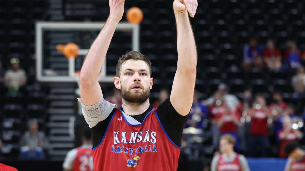 Mar 20, 2024; Salt Lake City, UT, USA; Kansas Jayhawks center Hunter Dickinson (1) during the NCAA first round practice session at Delta Center. Mandatory Credit: Rob Gray-USA TODAY Sports  